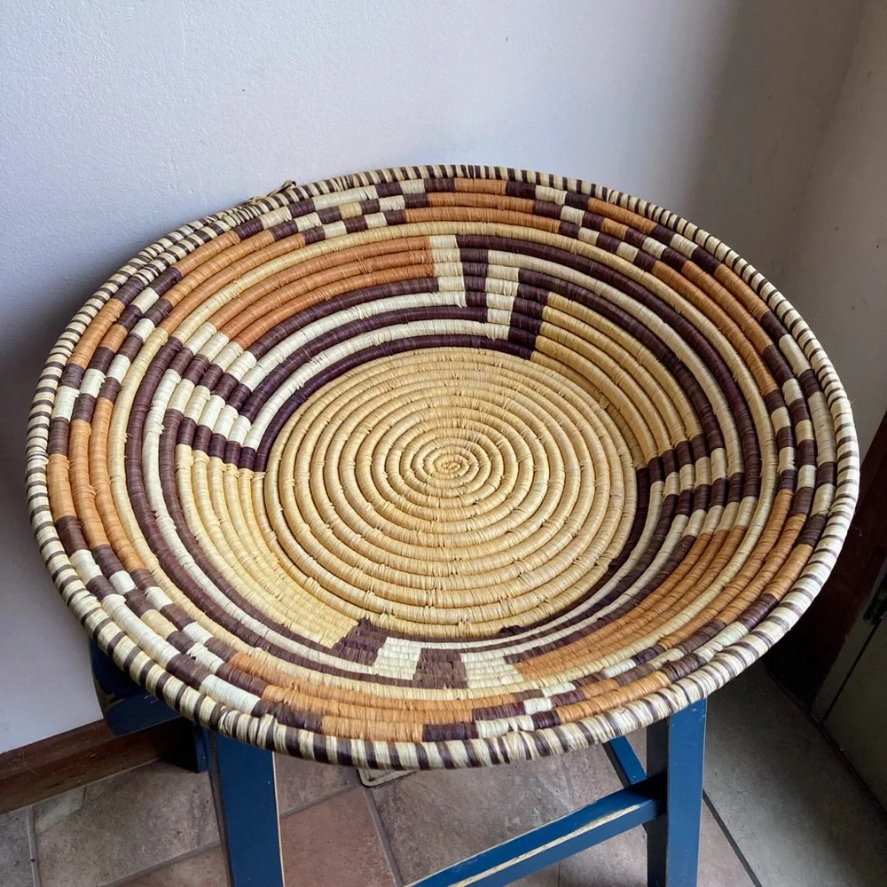 Vintage Large 18” African Handwoven Basket Wall Hanging Decor Geometric Design